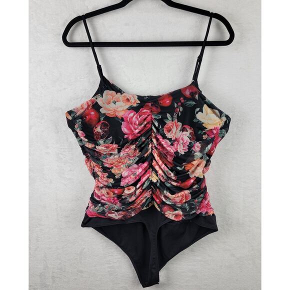 Whimsigoth Romantic Thong Contour Bodysuit XL Strappy Rusch Black Mesh Floral - Picture 7 of 13